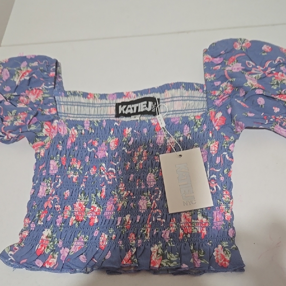 KatieJ Floral Smocked Top with Puff Sleeves